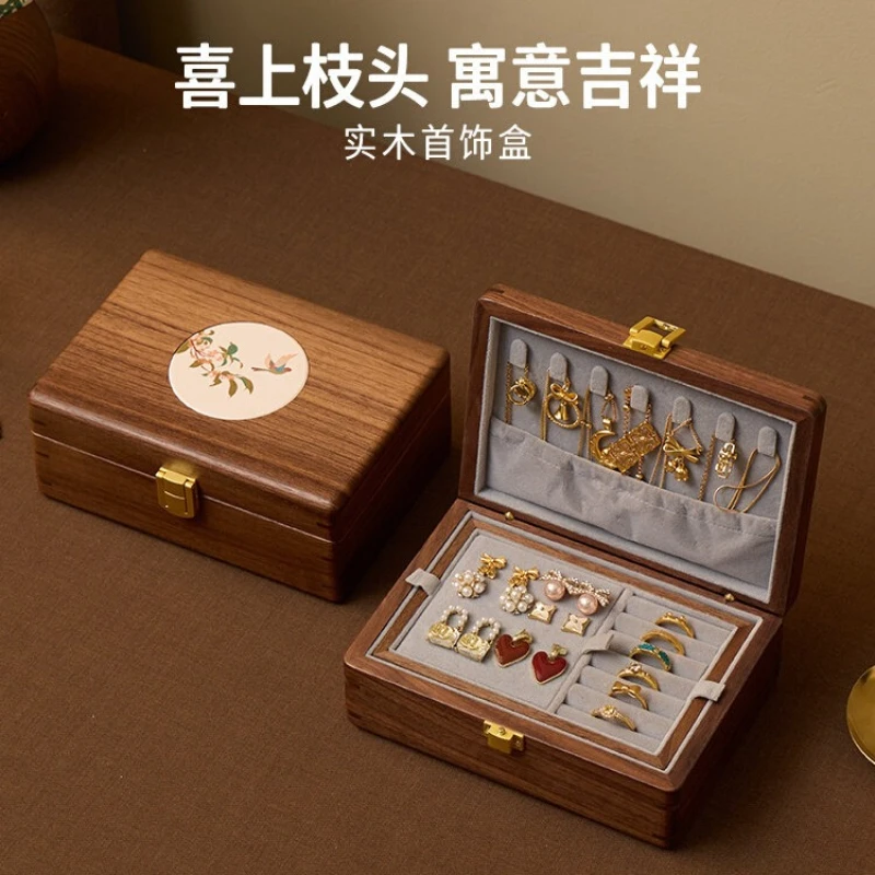 Solid Black Walnut Chinese Style Jewelry Box Luxury Trinket Organizer Birthday Gift Case for Rings Earrings Desktop Decor