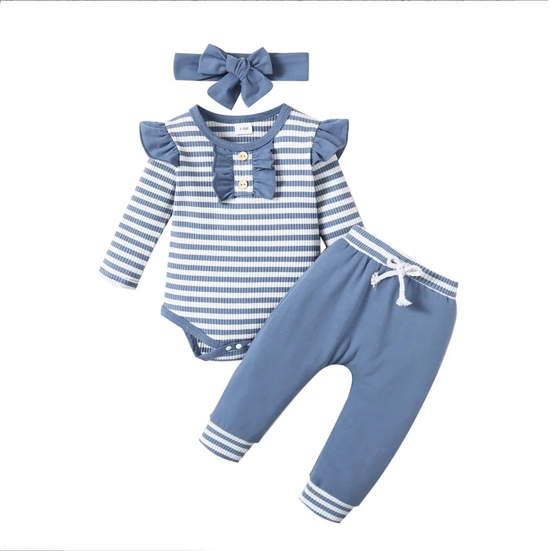 

0-18M Newborn Baby Girls Fall Outfits Stripe Crew Neck Buttons Long Sleeve Rompers Long Pants Headband 3Pcs Clothes Set