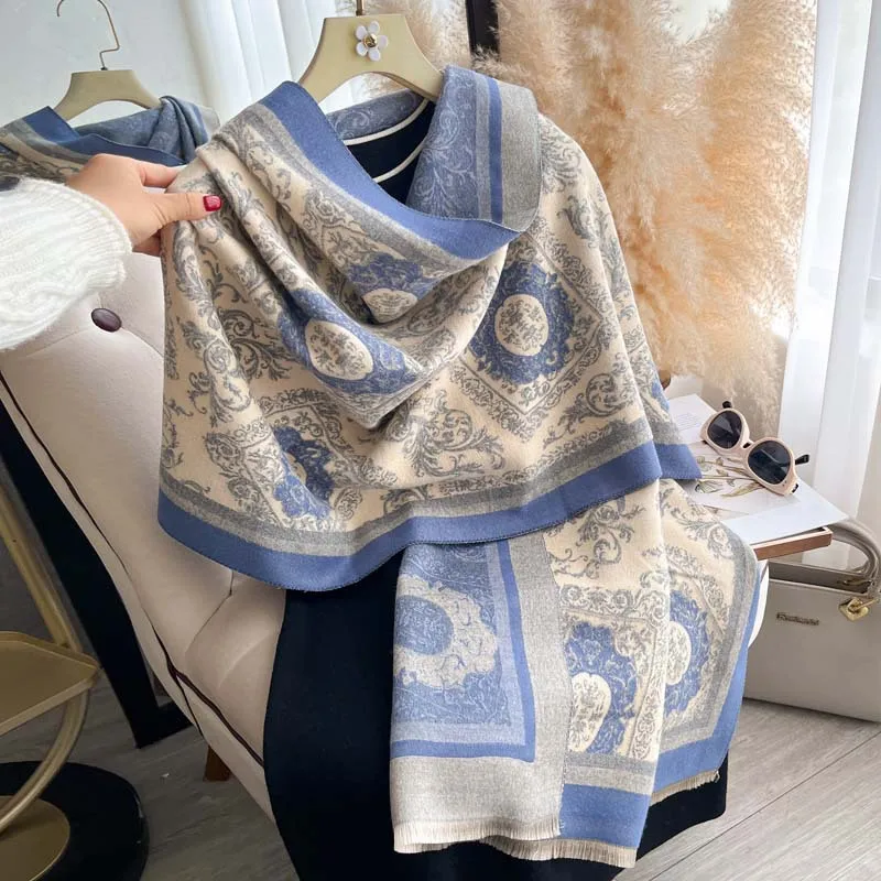 Scarf Women Baroque Shawl Double Sided Jacquard European Scroll Crest Pattern Autumn Winter Woven Totem Commute Fashion Wrap