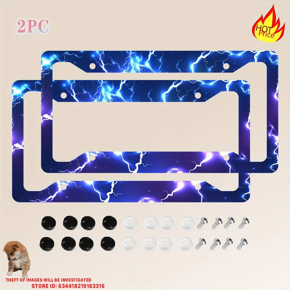Set of 2 Blue Designed 4-Hole License Plate Frames Made of Stainless Steel Measuring Includes Screws Vintage Style Car