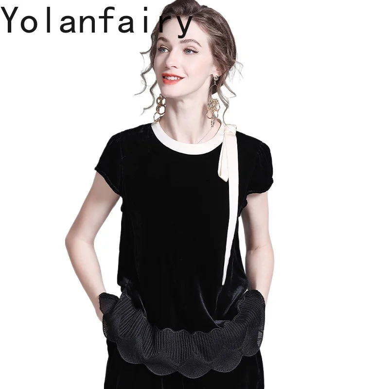 YOLANFAIRY Genuine Mulberry Silk Velvet Blouse for Woman Autumn Luxury 2025 Ribbon Elegant T Shirts Female Contrast Color Shirt
