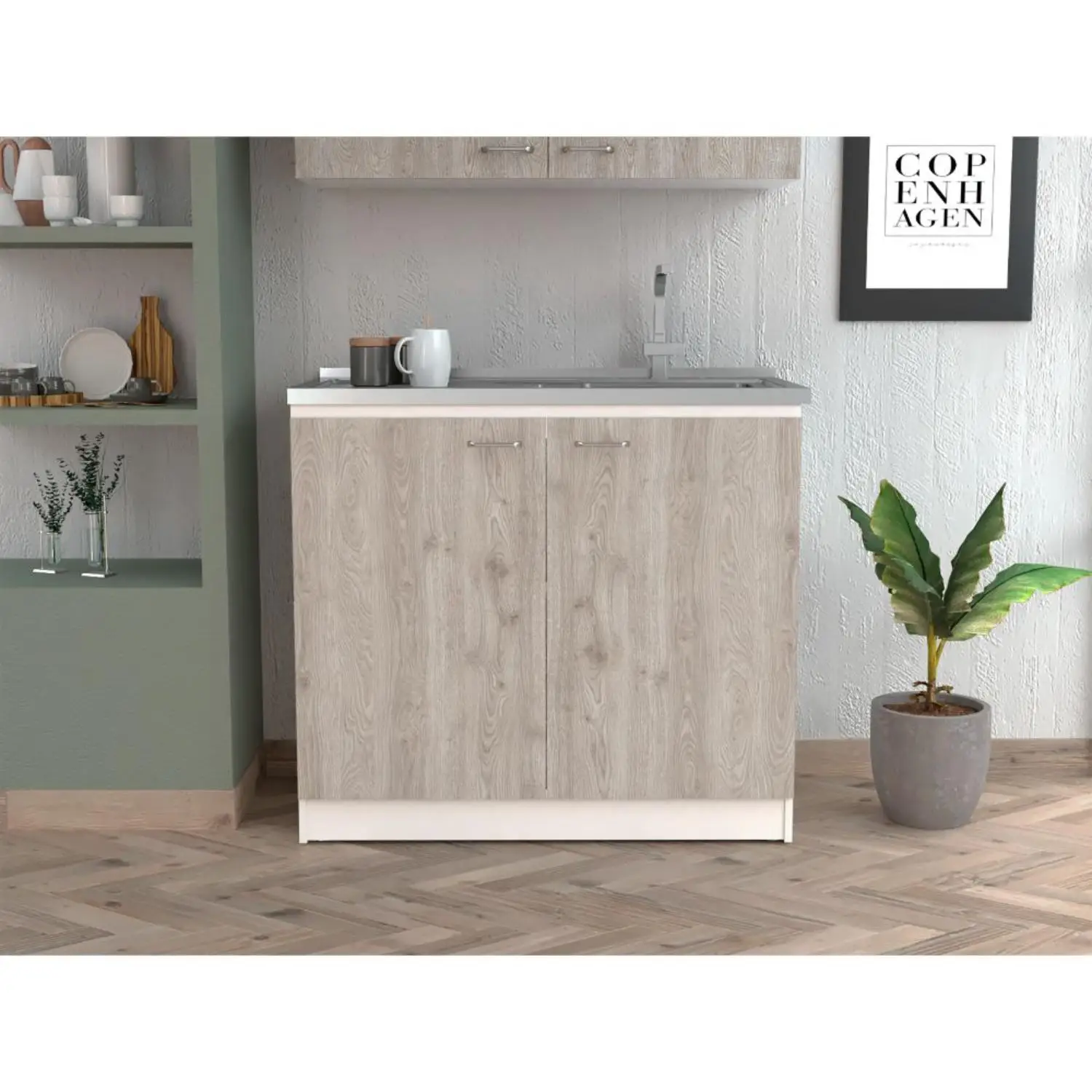 Napoles Utility Sink with Cabinet, Double Door, One Shelf Smokey Oak / Light Gray