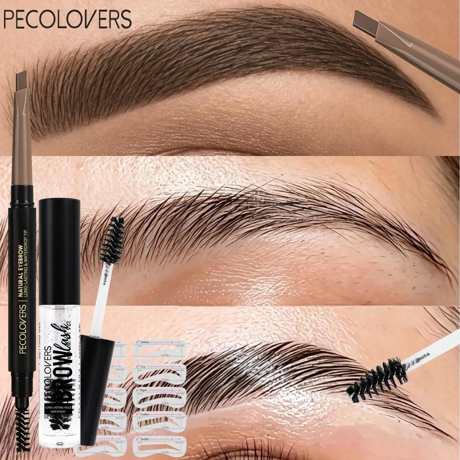 2pcs Set: One Triangular Tip Eyebrow Pencil + One Eyebrow Gel + Eyebrow Stencils . Eyebrow Pencil + Eyebrow Gel Combo Set