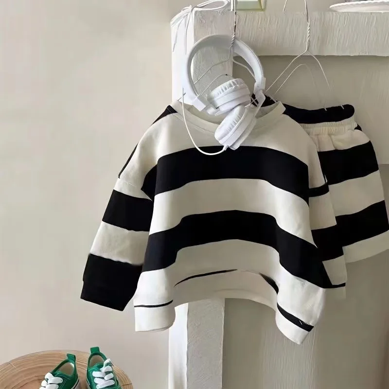 2024 Baby Girl Boy Cotton Striped Clothes Set Hoodie and Shorts 2pcs Infant Toddler Child Tracksuit Spring Autumn Summer 1-8Y