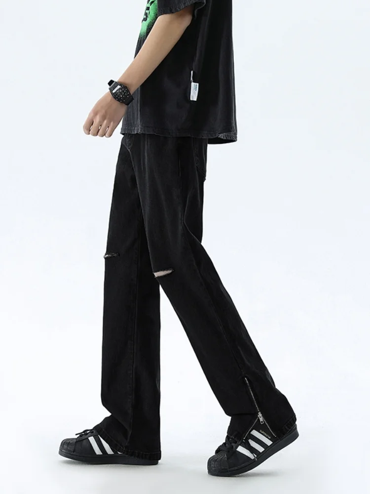 

Bla Hole Ripped Jeans Men's American High Street Haome Pants Thin Straight Leggings Wear Resistant Spring Autumn Jeans