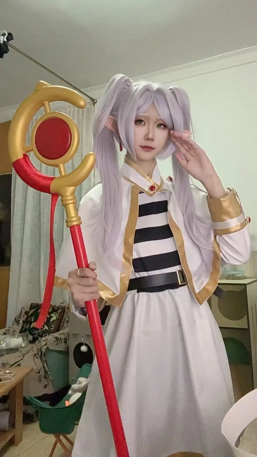 

Frieren Cosplay Set Elf Ears Wig Earrings Short Sleeve Top