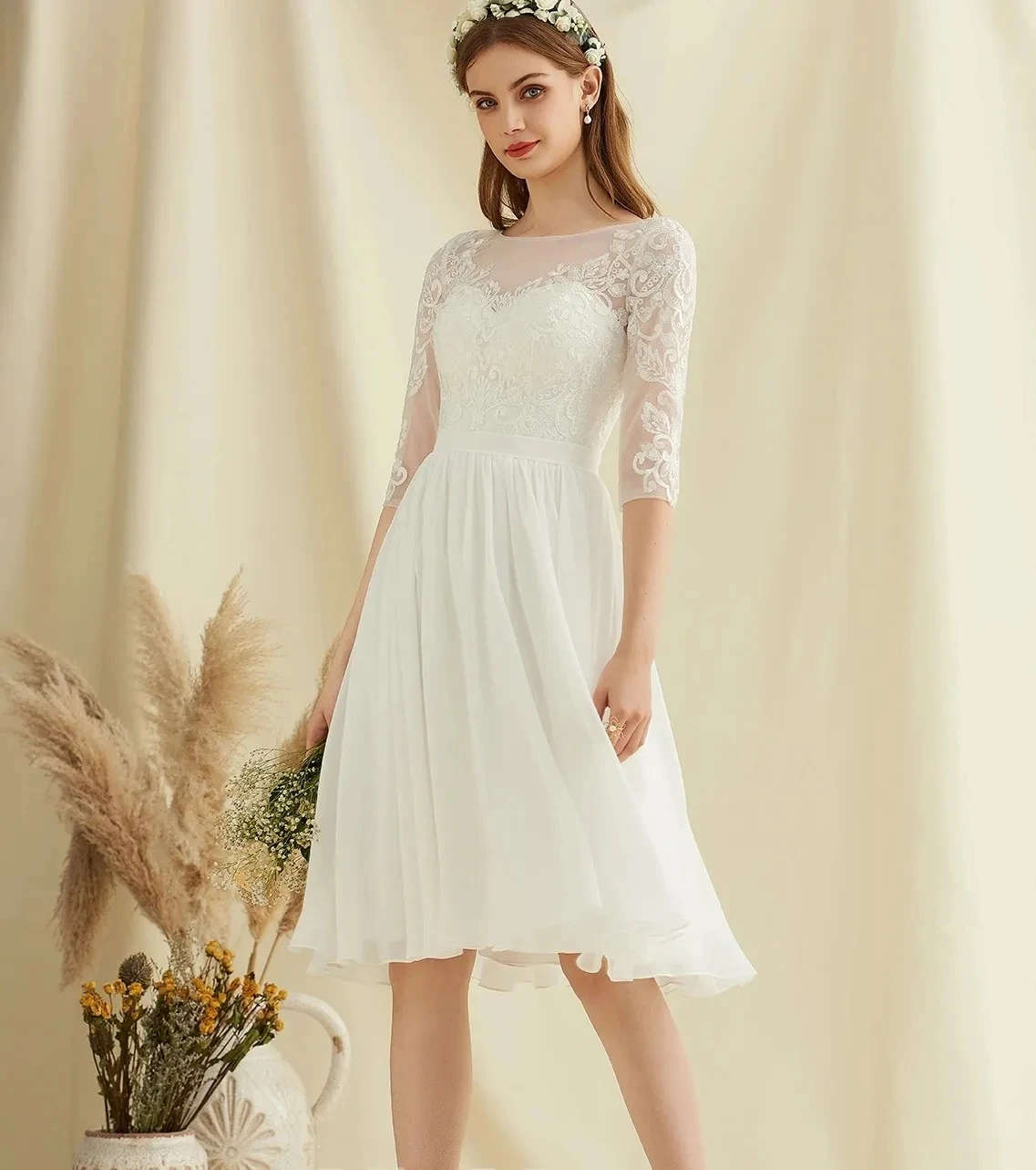 Sexy short seven-quarter sleeve beach Wedding dress 2024 A-line scoop knee-length bridal party dress custom Vestido De Noiva