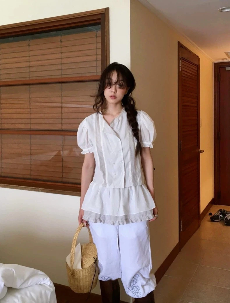 

Sweet Lace Splice Bubble Sve irt with Belt ort Sve Women's Casual Loose Fit round Ne Thin Summer Chinese Brand