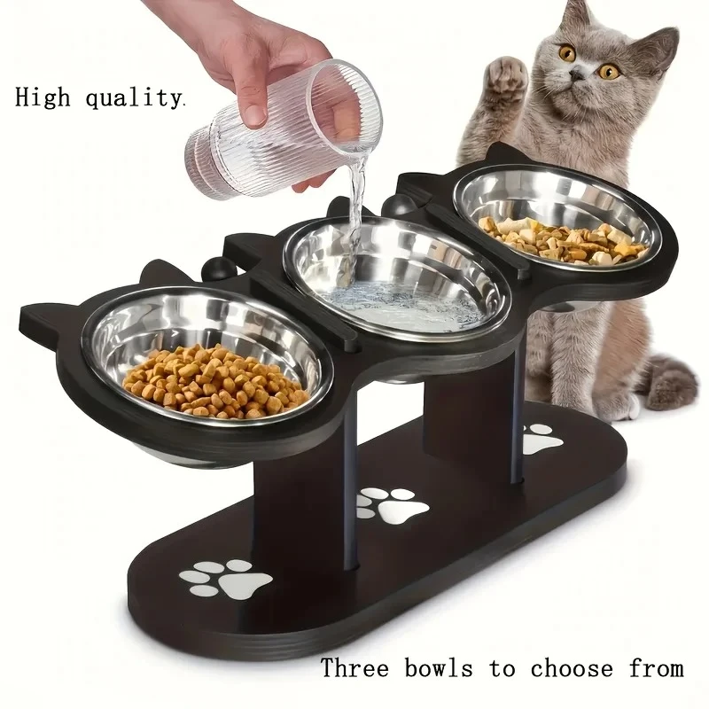 

3-Tier Elevated Cat Bowl with Support Stands Wood & Stainless Steel Adjustable 15-Degree Angle Stand Slanted Pet Food Bowl