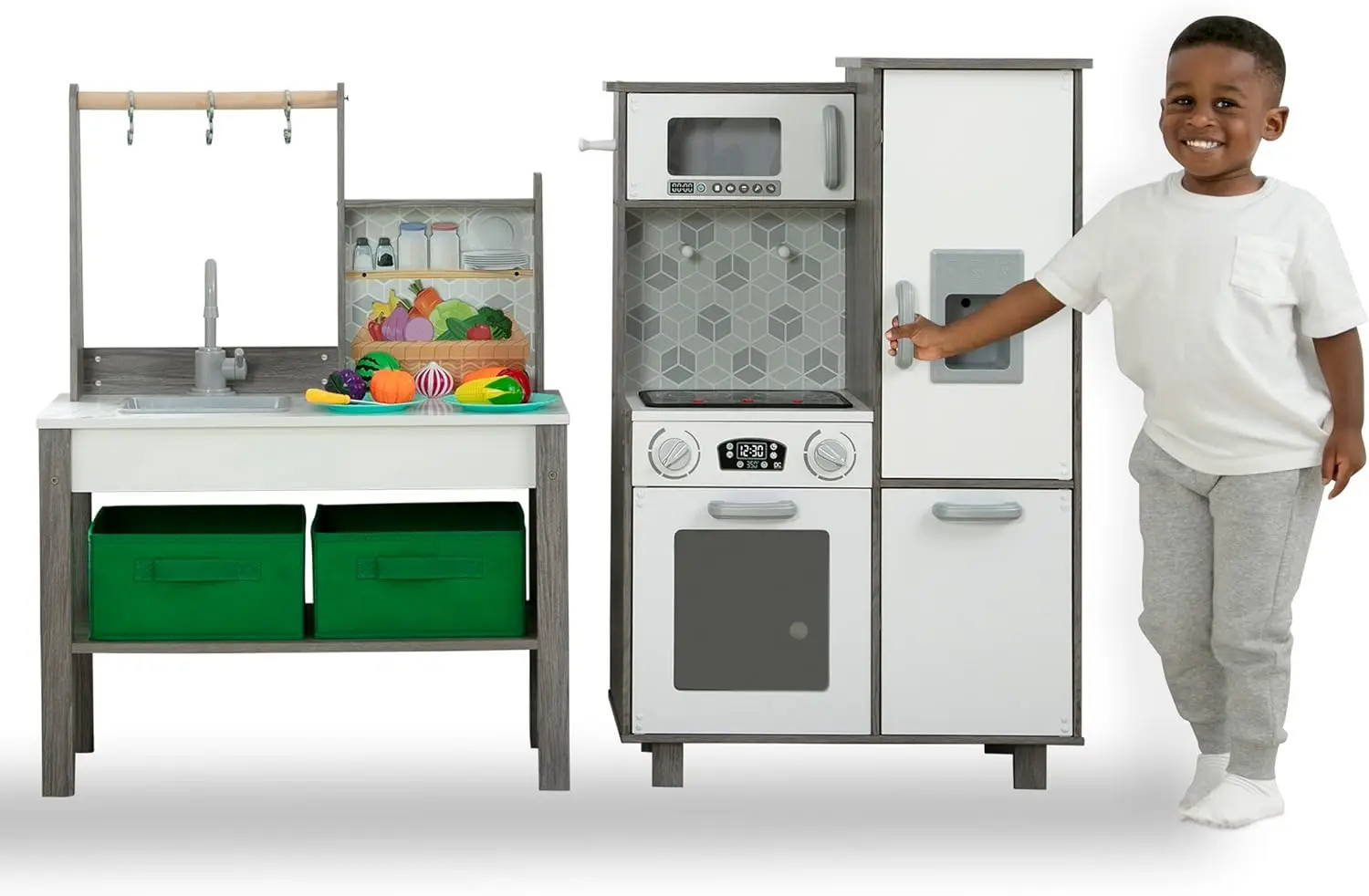 Gourmet All-in-One Corner Play Toy, Playset de cozinha, fogão seguro e sem calor com luzes, forno, pia, geladeira e freezer