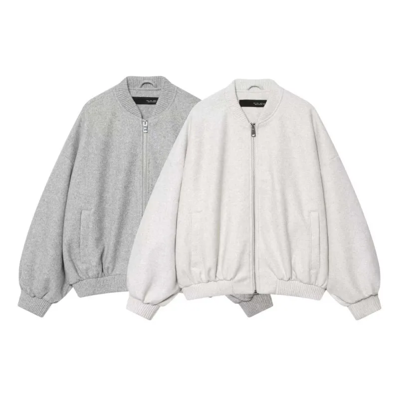 

Gray Bomber Jacket Women Fashion Casual Oversized Coat 2025 New Autumn Winter Pocket Zipper Long Sleeve Thick Overcoat Female
