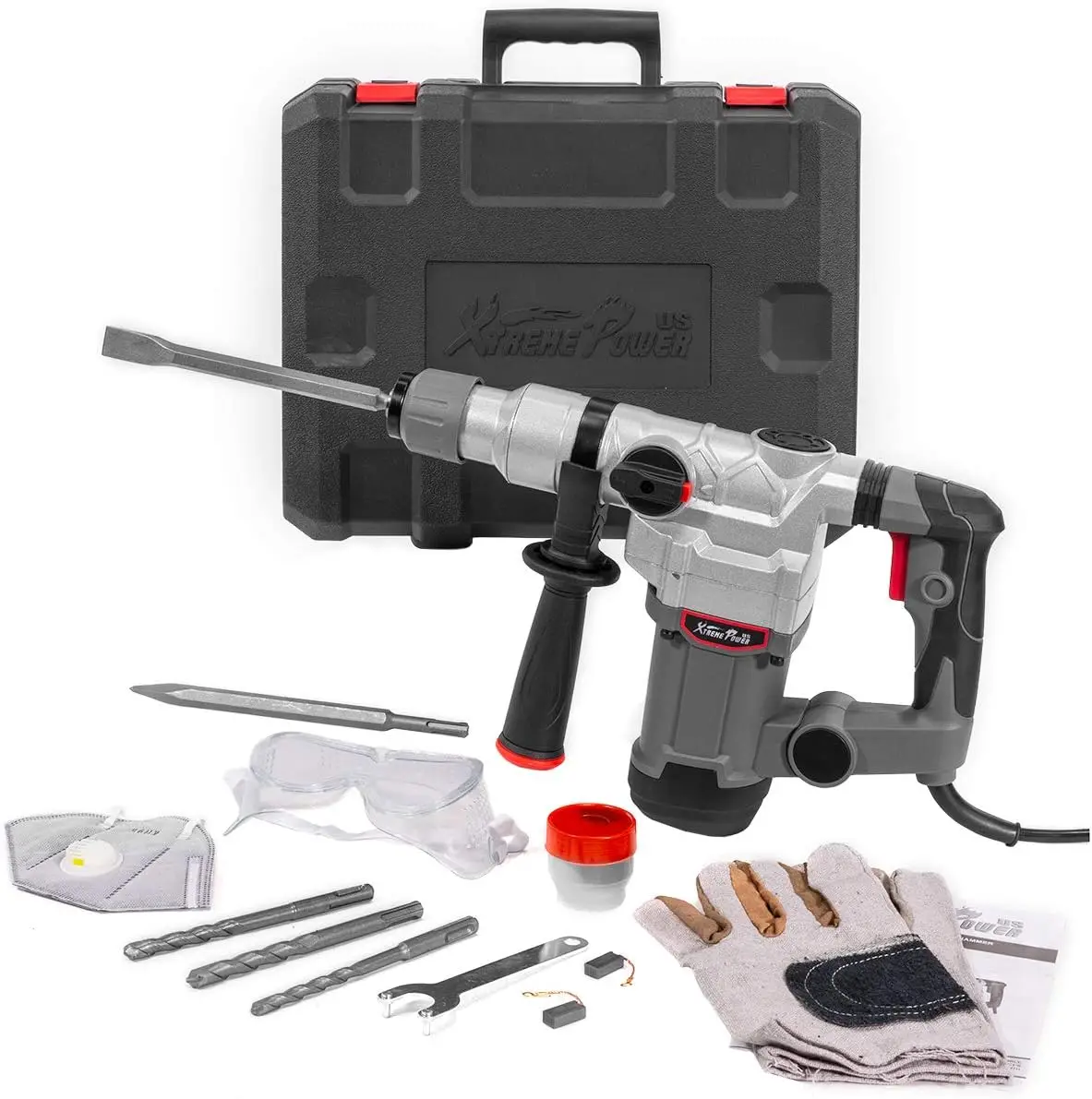 1200W Electric Rotary Hammer Sds Plus Drill Swivel Adjustable Handle Drilling With Chisel Flat Bit Set Carrying Case