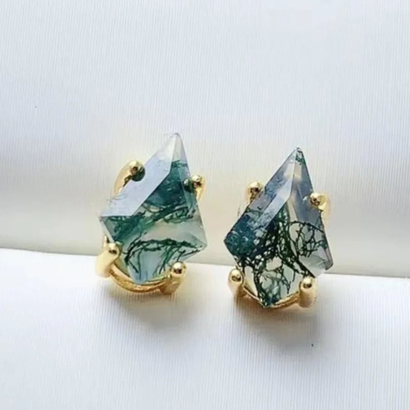 Unique Kite Natural Stone Texture Green Moss Grass Agate Vouple Earring  for Women Sterling Silver Gift Jwelry