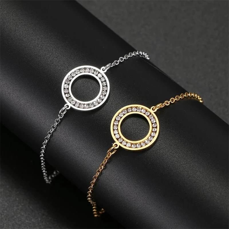 Stainless Steel Bracelets Crystal Zircon Hollow Round Fashion Best Chain Charm Bracelet For Women Jewelry Wedding Party Gifts