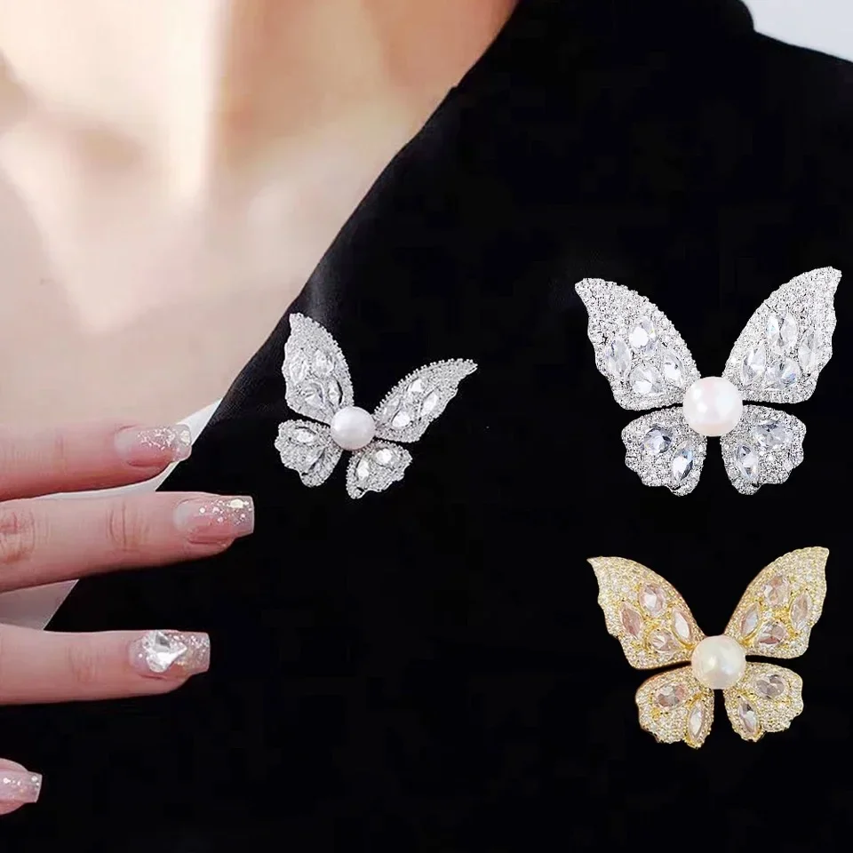 French Women's Zircon Butterfly Pearl Brooch Luxury Full of Rhinestone Insect Lapel Pins Elegant Temperament Jewelry Gift Broach