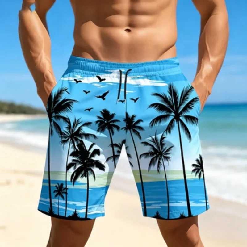 Men's Tropical Beach-Style 3D-Design Quick-Dry Breathable Athletic Shorts with Adjustable Drawstring