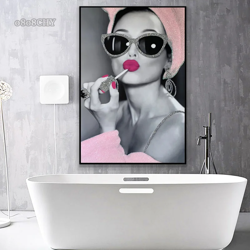 Audrey Hepburn Portrait Wearing Lipstick Mural Posters Prints Canvas Painting Fashion Hotel Home Bathroom Wall Decora Painting