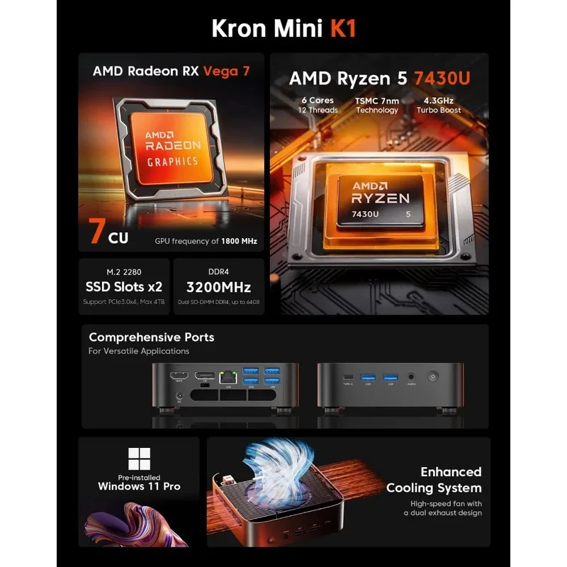 K1 Mini PC Gaming, Ryzen 5 7430U (equiv to 5850U, 6C/12T, Up to 4.3Ghz) 16GB DDR4 512GB SSD Mini Computers