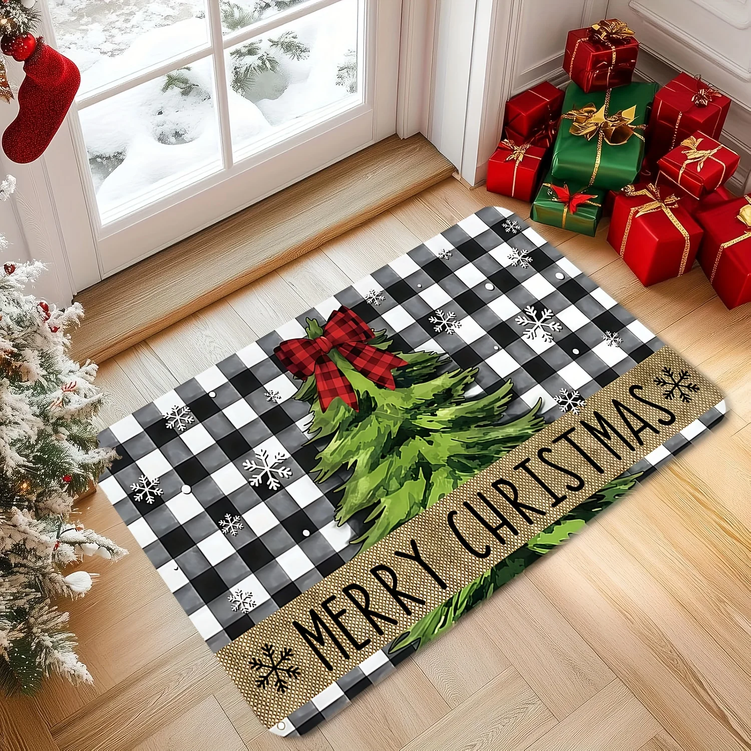 1pc Xmas Black and White Plaid Christmas Tree with Bow and Snowflake 