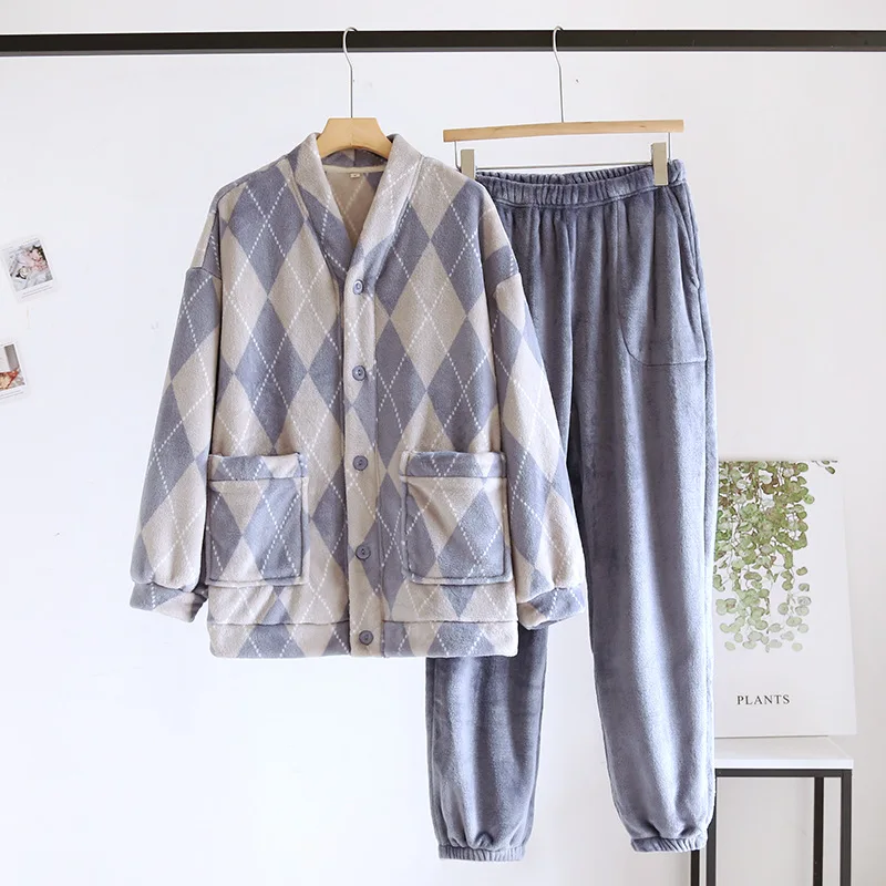 Traje de pijama japonés de otoño e invierno para parejas, ropa de dormir gruesa de franela con cuello en V de dos piezas para el hogar para hombres