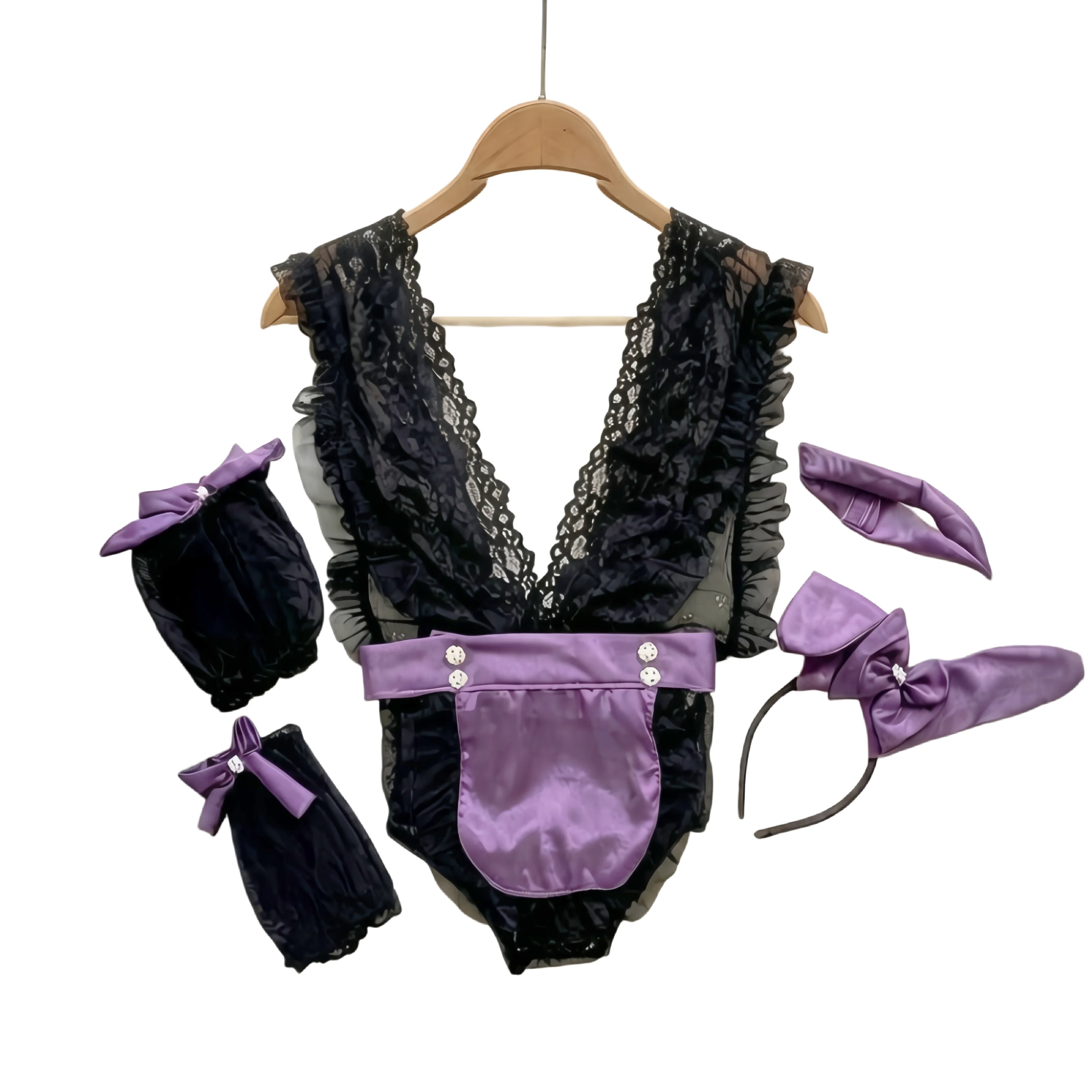 Hotsweet Lace Mesh Bodysuit Maid Uniform Sexy Lingerie Pajamas Women Clothing Purple Outfits Cosplay Costumes Bunny Girl Club