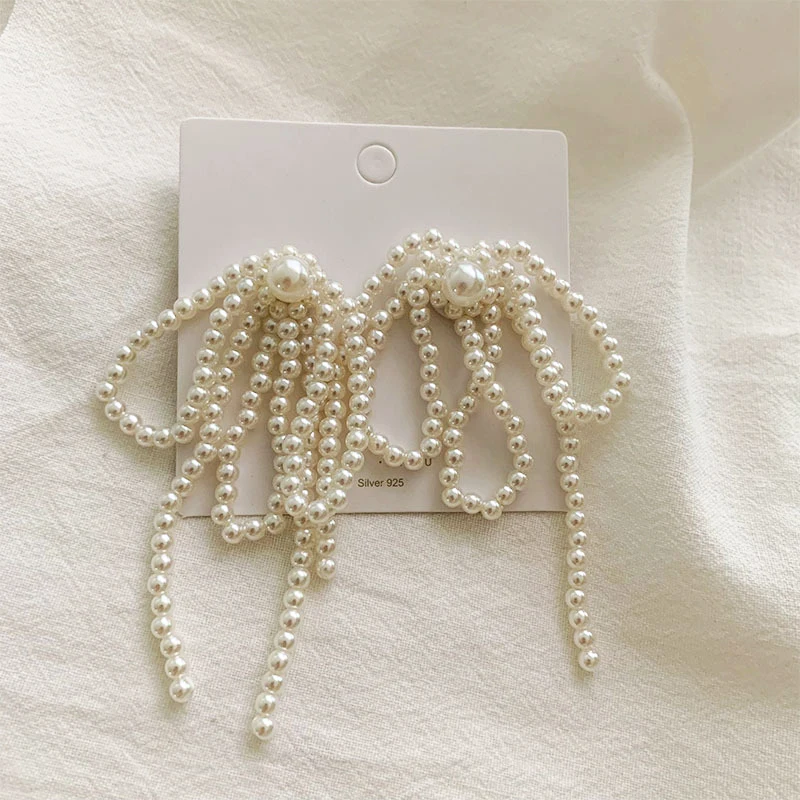 Korean Tassel Earrings Bow Handmade Pearl Beads Long Earring For Women Wedding Fashion Jewelry Temperament Dangle Ear Rings