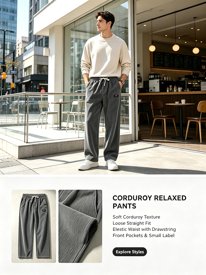 Herren Cordhose für Frühling/Herbst, Regular Fit, elastischer Kordelzug in der Taille, gerade Beine, Seitentaschen, lässig, für den Alltag, Arbeit, Streetwear – Detail 1