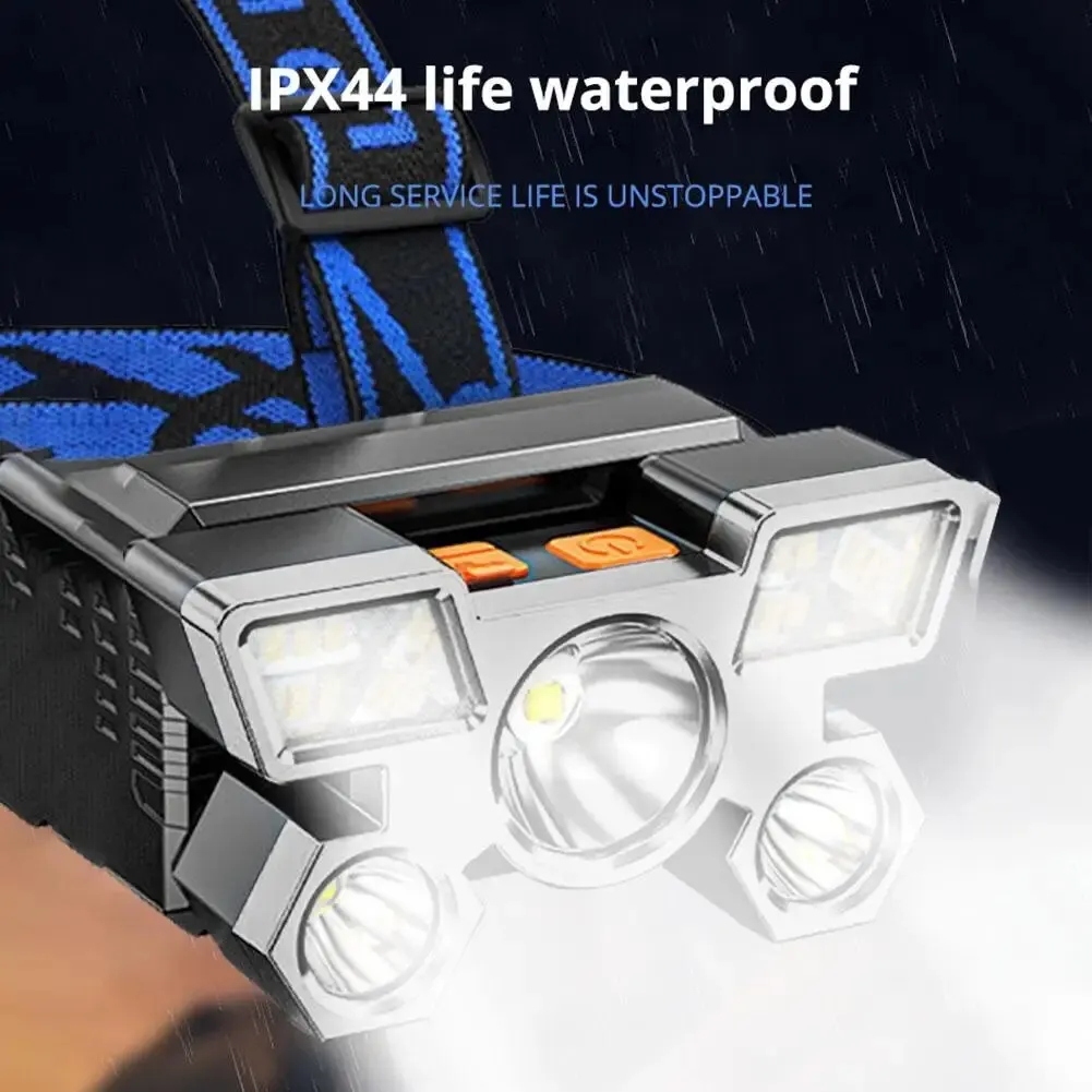 5LED ไฟฉายคาดศีรษะสำหรับตกปลาแบบชาร์จไฟหัวไฟฉายด้านหน้าแบบชาร์จไฟ USB ได้พกพาได้กลางแจ้งแบบพกพา