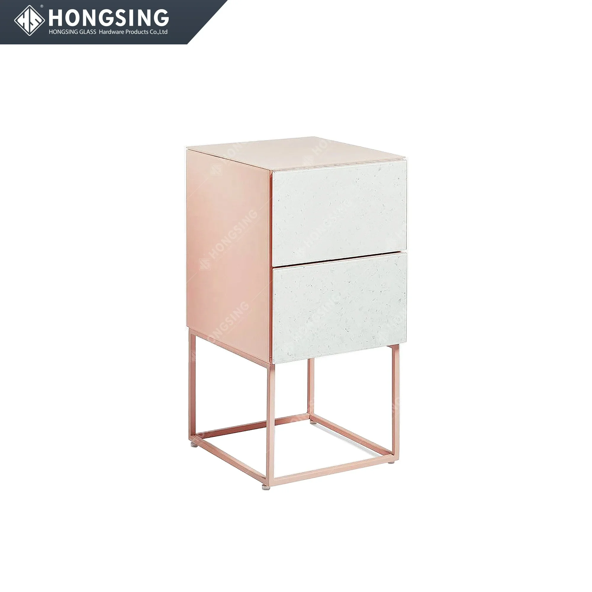 Glass Small Nightstand with 2 Drawer Ink Wash Stone Pattern Bedside Table for Bedroom Small Space End Table Durable Glass