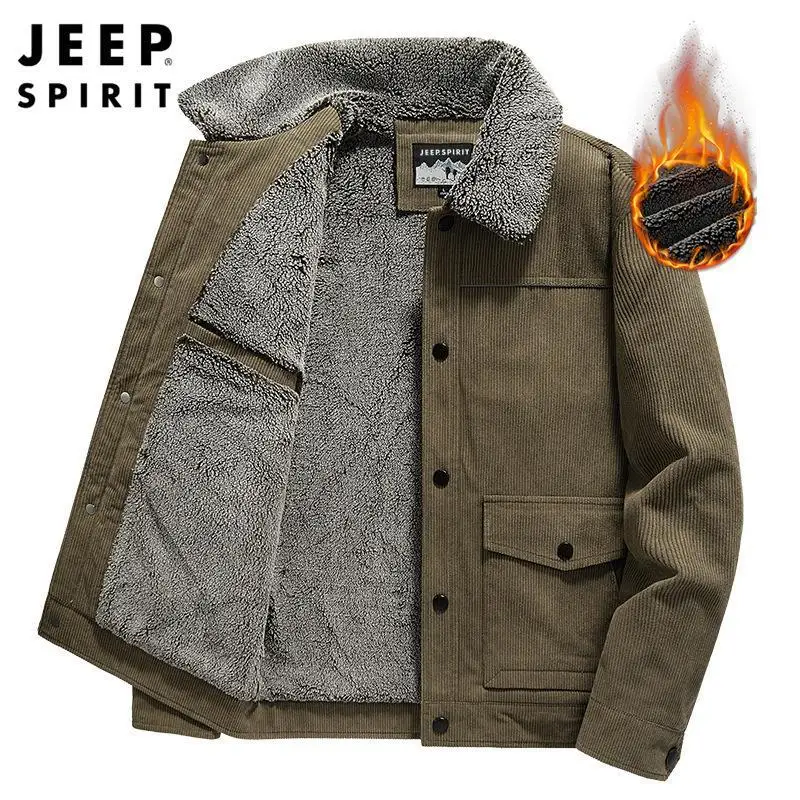 JEEP SPIRIT Autumn and Winter New Men Corduroy Collar Cotton Suit Fashion Simple Loose Size Coat Mens Casual Plush Warm Overcoat