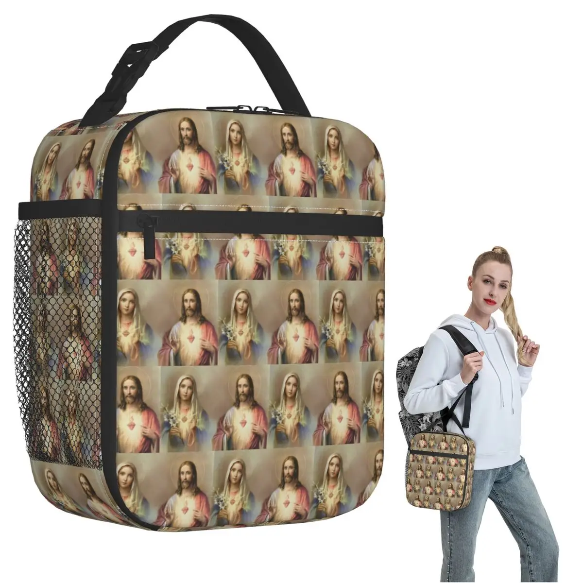 Sacred Heart Jesus Immaculate Mary Religious Poster Insulated Lunch Bag for Women Kids Food Boxes Thermal Lunch Box Tote