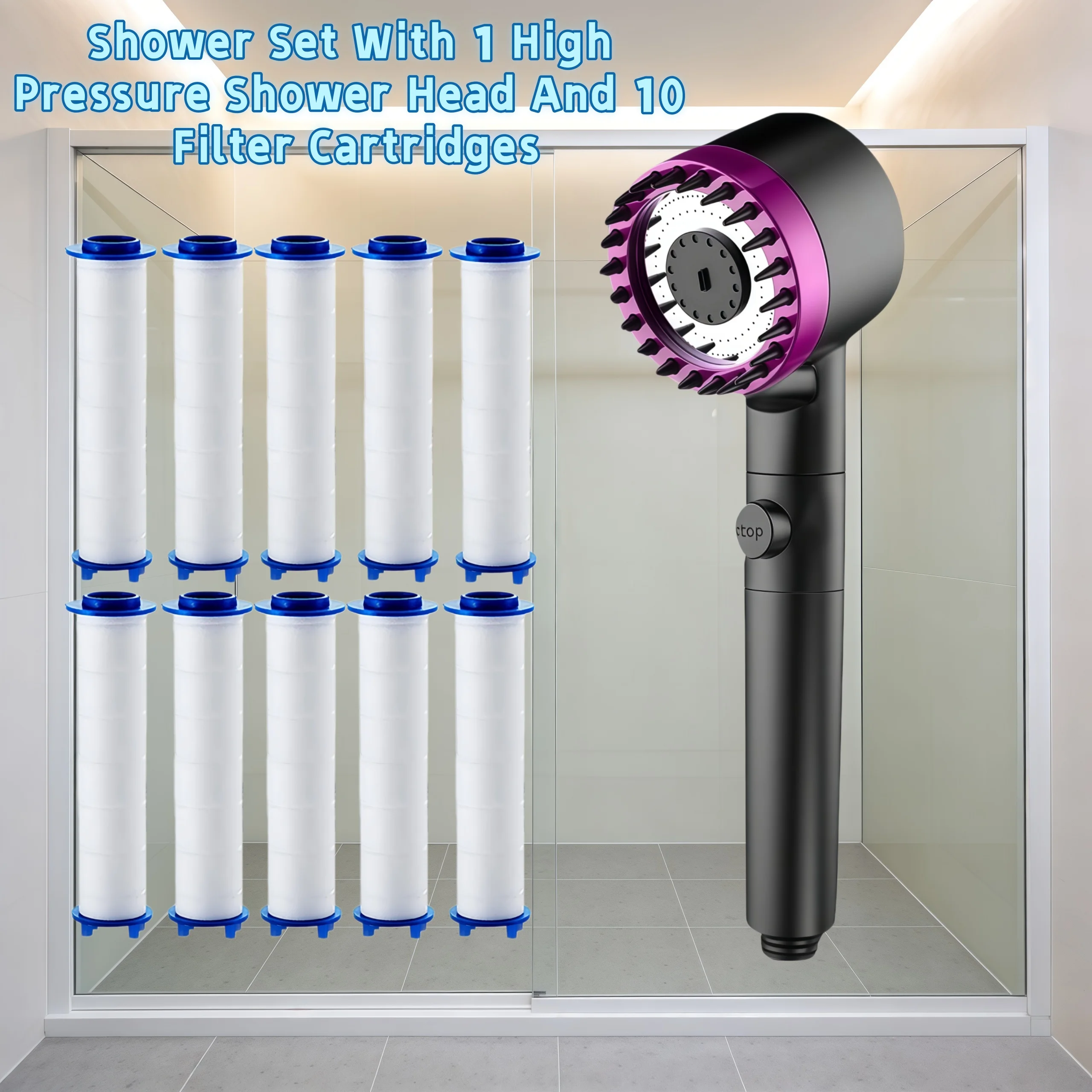 

11PCS Black Purple High Pressure Water Saving Shower Head Set 3 Modes Adjustable One Key Water Stop Hard Water with 10 Filter