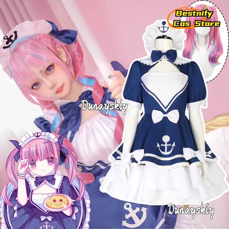 

Виртуальный YouTuber Minato Aqua Косплей Костюм Двойной хвост Парик Синее платье горничной Лолита Модная униформа Аниме Костюм для вечеринки Ролевая игра