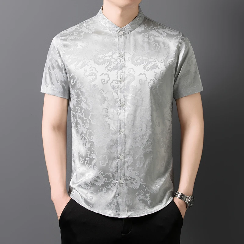 

Summer simulation silk flower shirt, youth casual large size short sleeve shirt