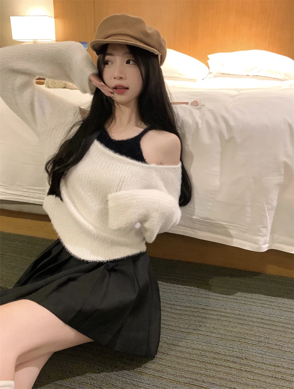 여성용 롱 니트 밍크 벨벳 베이스 슬림핏 스윗 앤 스파이시 걸 퓨어 디자이어 슬레 패치워크 겨울 스웨터 탑