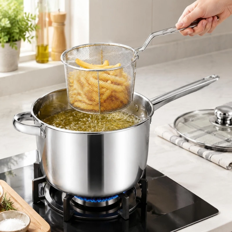Multipurpose 201-Grade Steel Cooking Pot Set with Removable Frying Basket for Soup, Simmering, Blanching, and Deep-Frying B03E