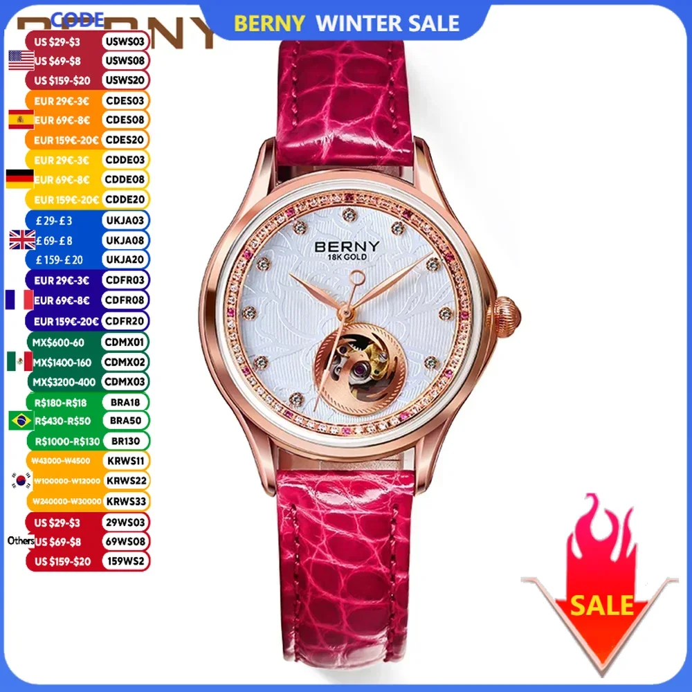 BERNY Mechanical Watch Women Luxury 18K Gold Ladies Clock Automatic Self-Wind Sapphire Glass 72 Diamond 5ATM Skeleton Design