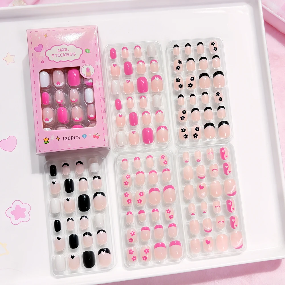120Pcs Children French Tips Fake Nails Black Pink Love Flower Design Full Cover Press On Nail Short Round Kids' False Fingertips - view 5