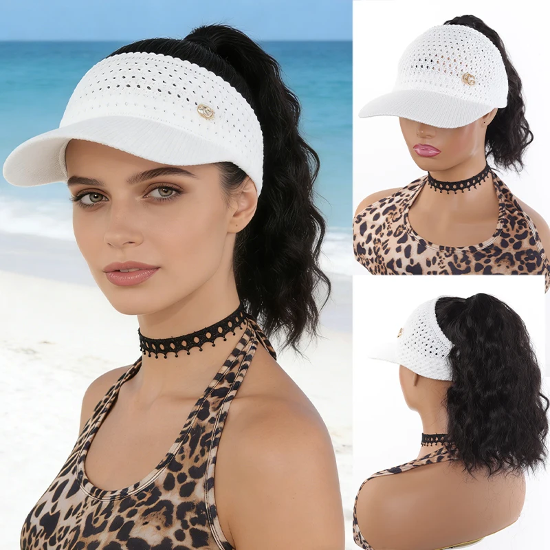 Synthetic 12 inch Hollow Flat top Hat With Corn Whisker Ponytail Wig Wuitable for Women's Daily and Party Wear