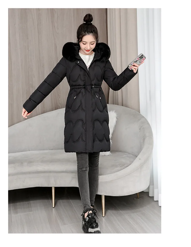 2026 Winter New Fur Collar Puffer Down Parka Loose Long Hooded Warmer Thicken Snow Jacket Pocket Zipper Outerwear Female