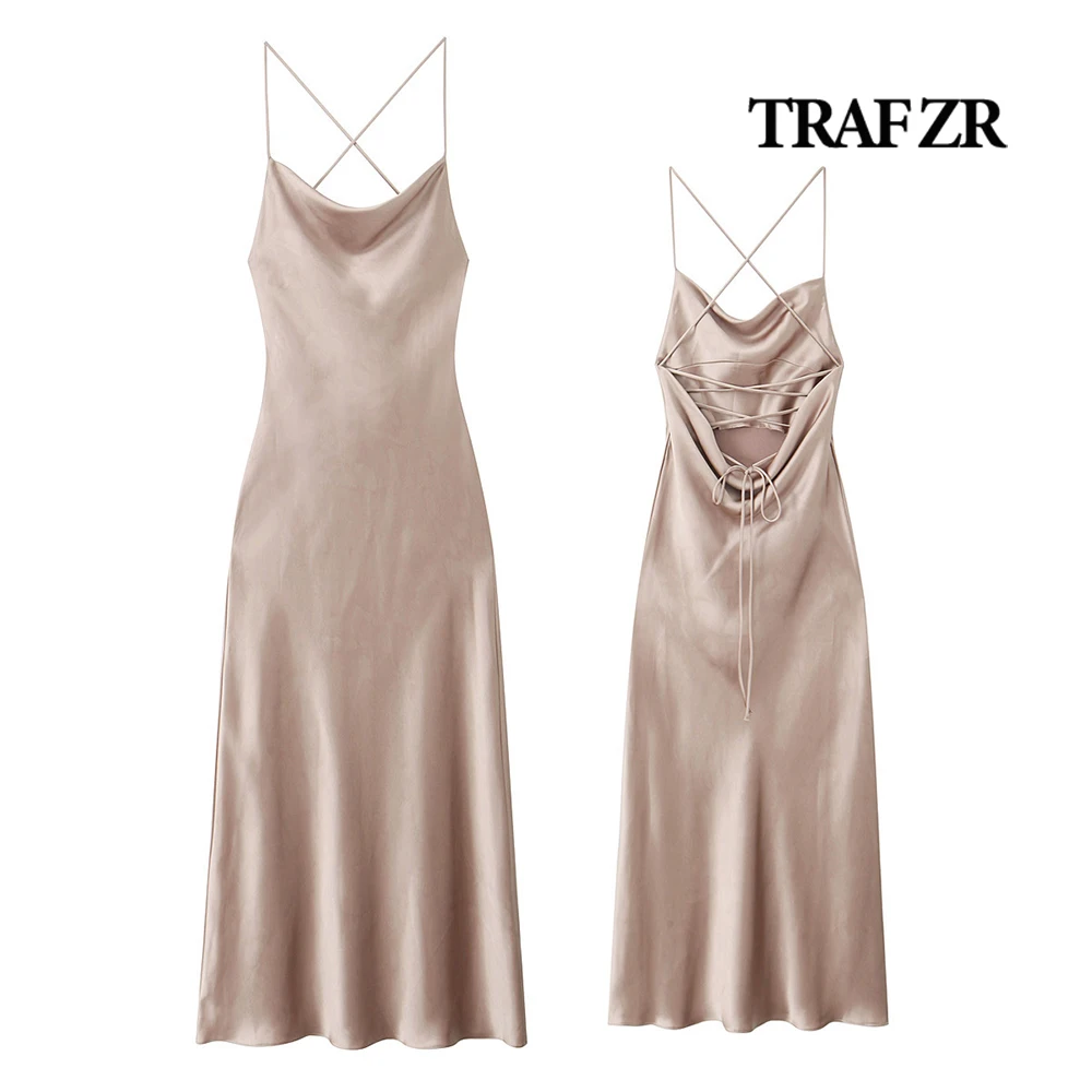 TRAF ZR-Vestido largo de satén con tirantes finos ajustables, camisola Vintage con Espalda descubierta, elegante, Verano