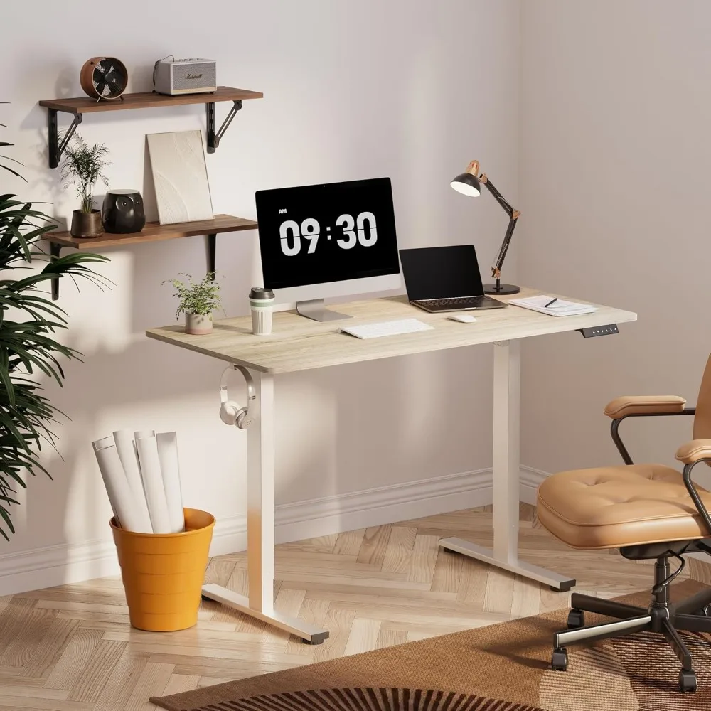 EN1 One-Piece Standing Desk, 48 x 24 Inches Electric Height Adjustable Desk for Home Office (White Frame + White Wood Grain Des