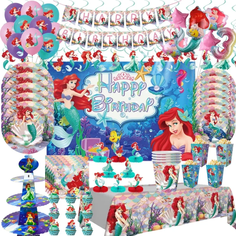 

Mermaid Princess Ariel Balloon Disposable Tableware Paper Plate Cup Tablecloth Kid Birthday Party Decoration Baby Shower Supplie