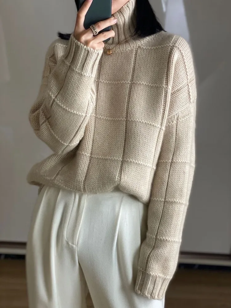 High-neck Thick Cashmere Sweater Women Loose Korean Style Lazy Autumn Winter New Wool Knitted Sweater Turtleneck Pullover Female