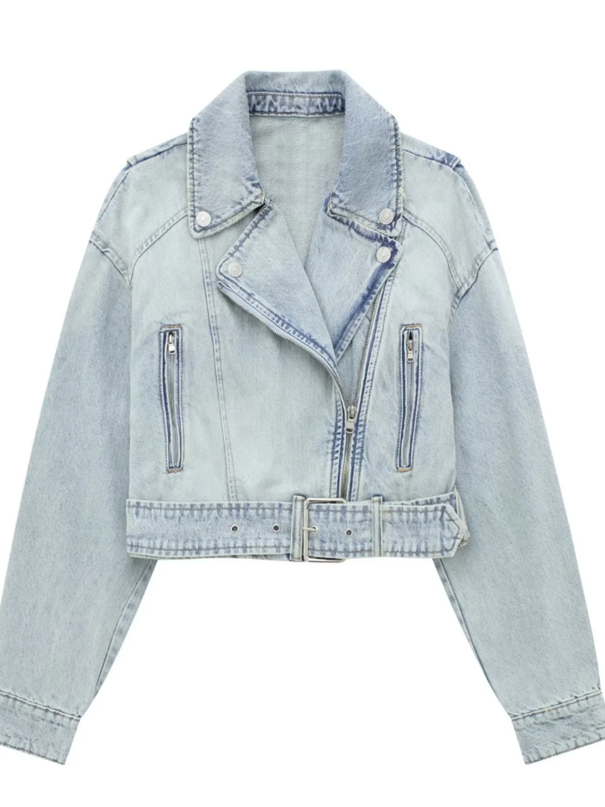 

WMXZ Autumn New Loose Waist Belted Denim Jaet Collar Motorcycle Sle Women's ort Coat Warmth Fem Single Piece