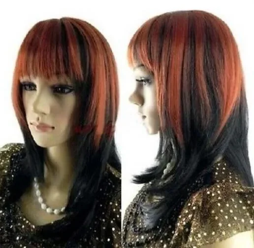 Gratis pengiriman WIG Cosplay hitam lurus campuran merah panjang S Wanita