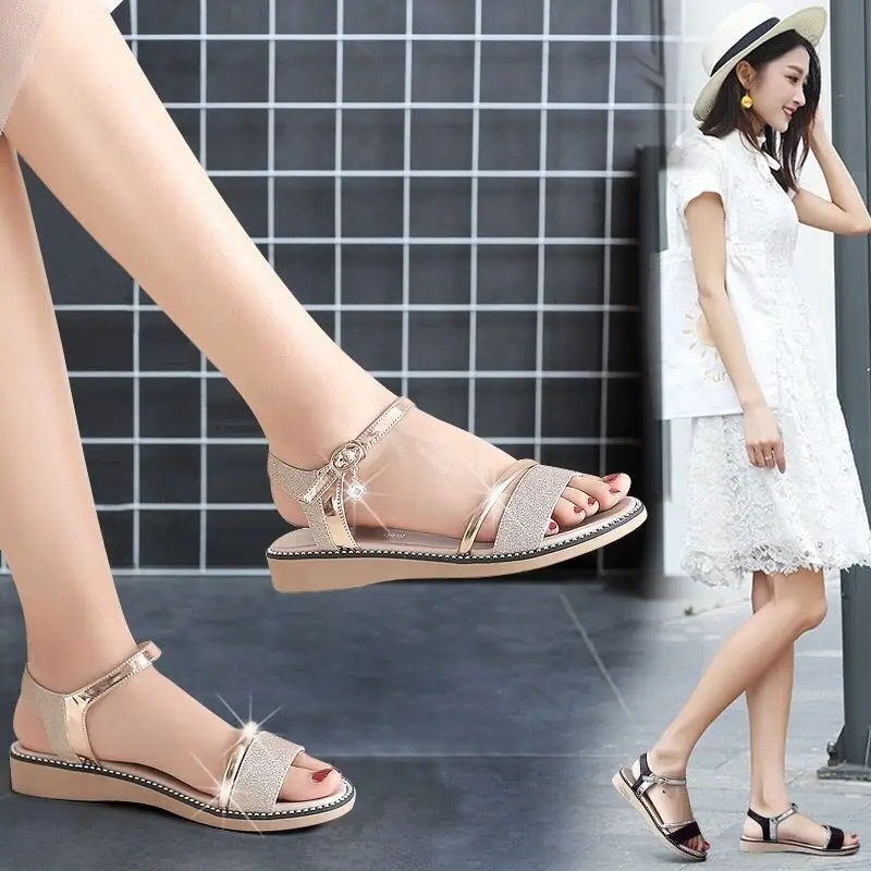 Rhinestone Women Roman Sandals Orthopedic Wedge Sandal Woman Summer 2024 Platform Fashion On Offer With Chic Elegant New Silver