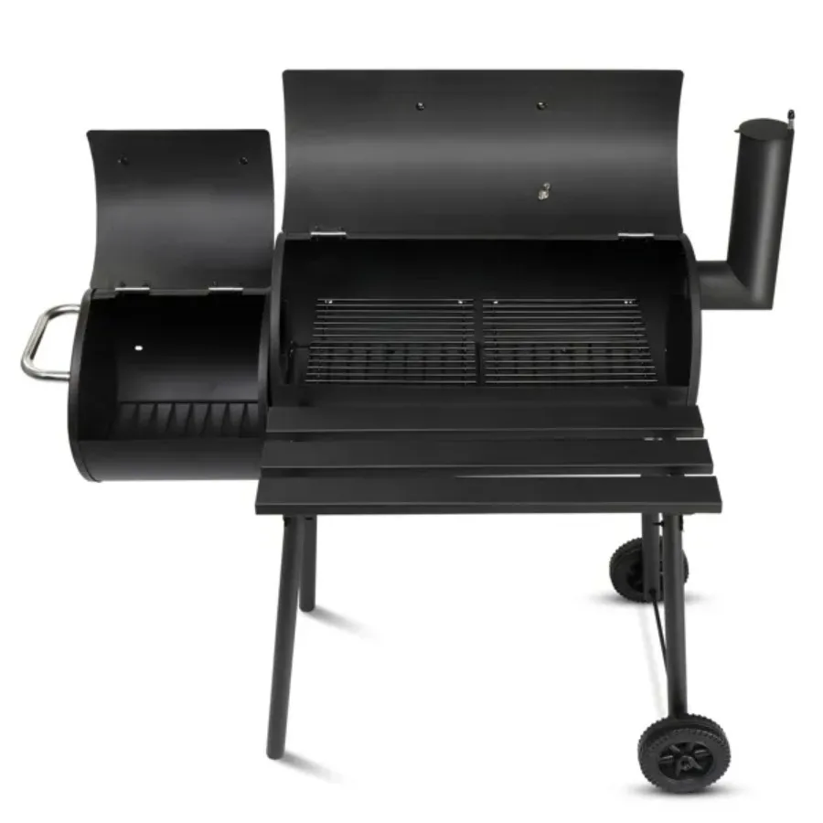 Barrel Charcoal Grill with Offset Smoker All Metal Outdoor Smoker with Side Table and Wheels for Outdoor Garden Patio and Backy