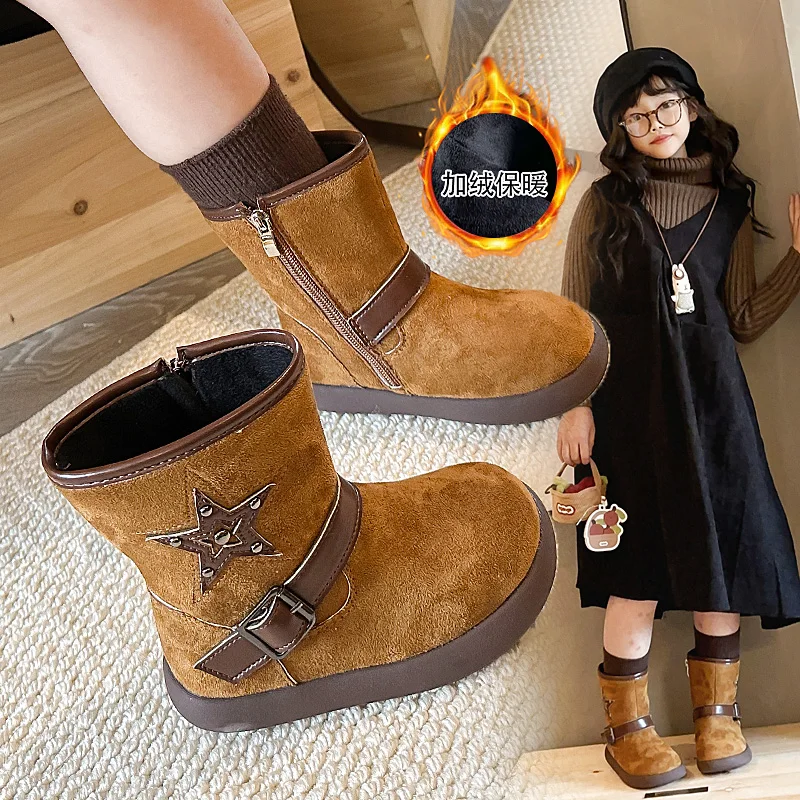 

Зимняя детская обувь, сапоги до середины икры с пряжкой на ремне для мальчиков и девочек, замшевые кожаные сапоги до середины икры с бархатной подкладкой, детские рыцарские сапоги для малышей