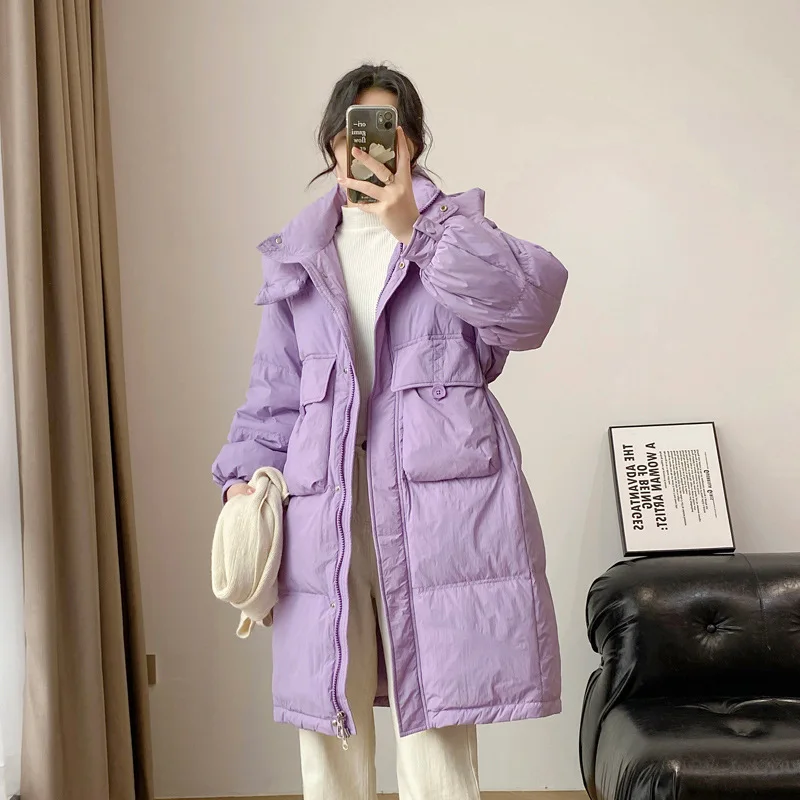 Women's Winter Long Length Duck Down Puffer Coat Lightweight Plush Fitted Waist Warm Down Outerwear New Ropa Mujer